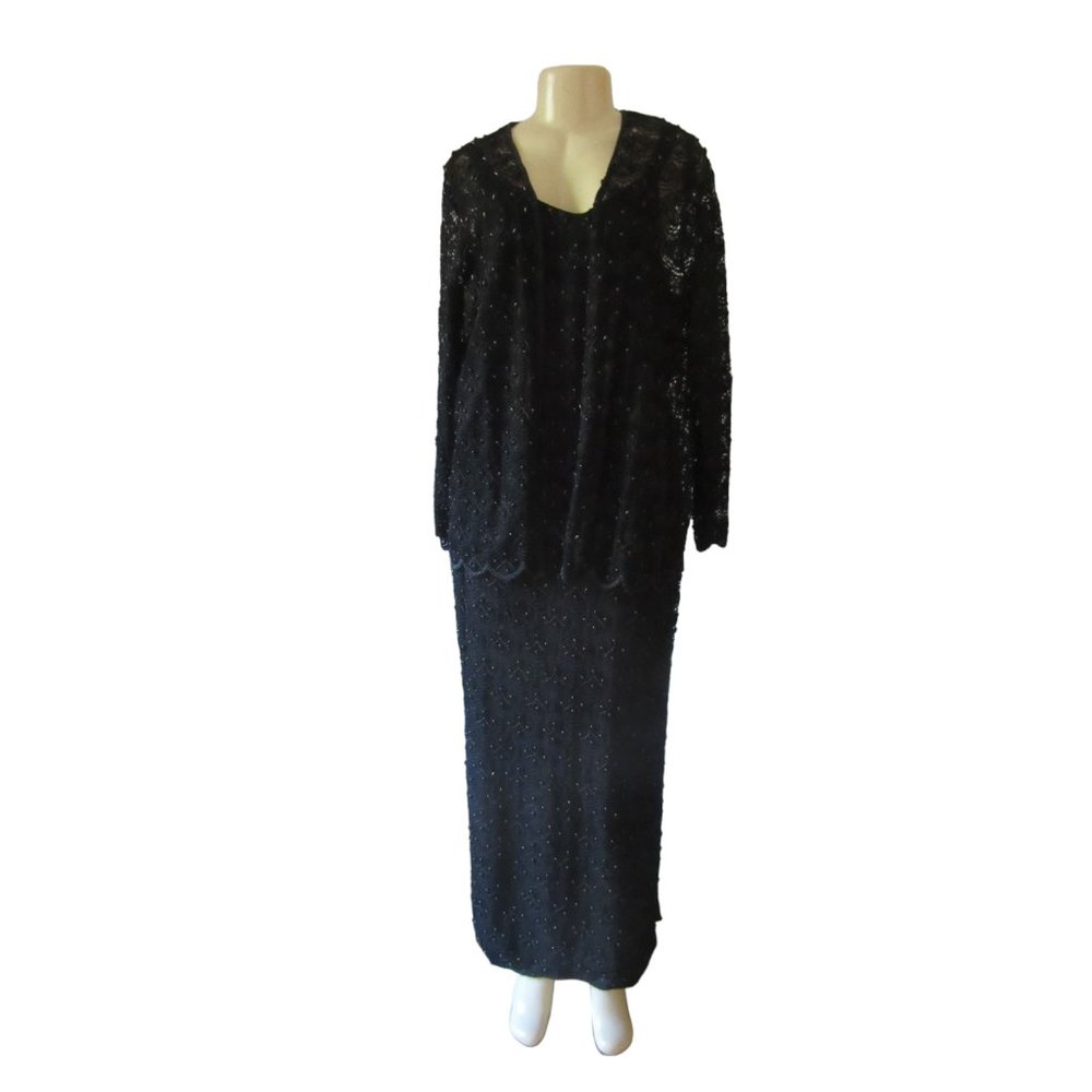 Vintage NWT, Scala Black Beaded Formal Dress w Lace Long Sleeve Jacket in Sz XL